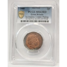 GREAT BRITAIN UK 2000 . TWO 2 PENCE . INCOMPLETE COPPER